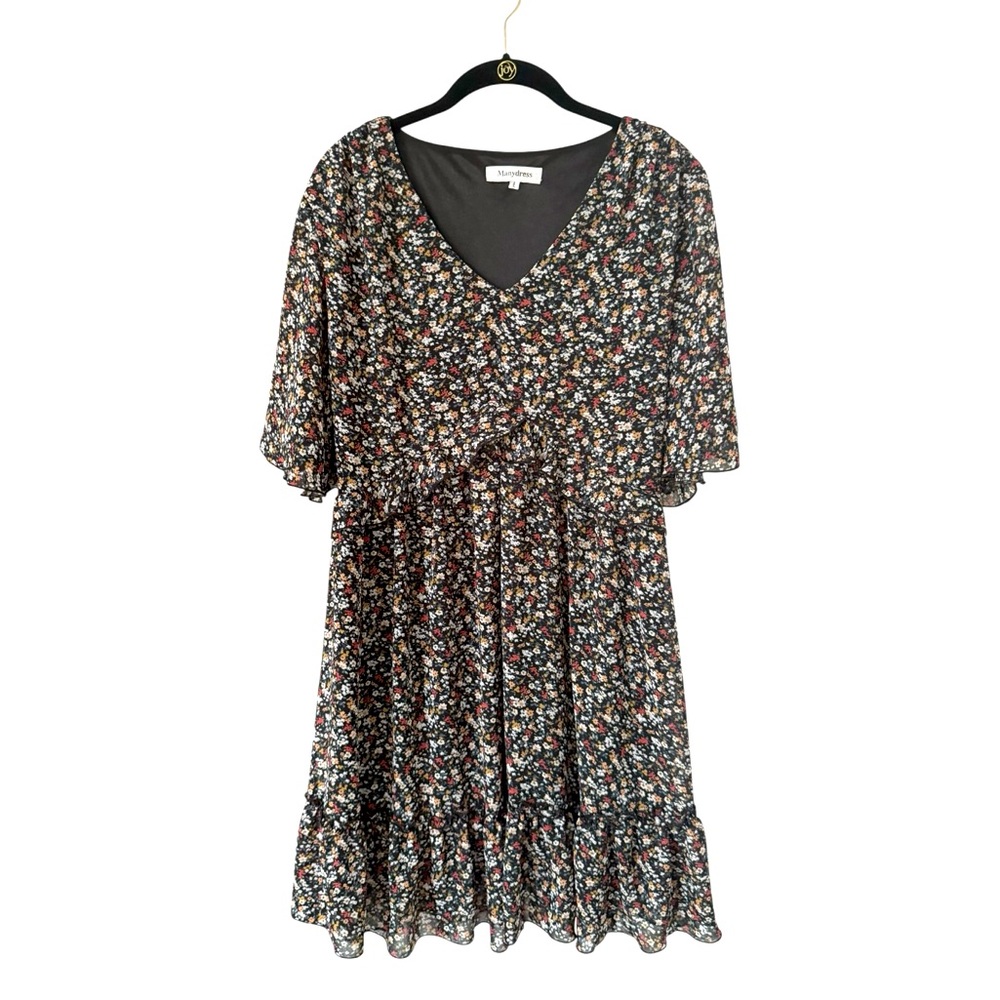 Women’s Black Ruffled Ditzy Midi Dress Flutter Sleeve Size Large Casual Party